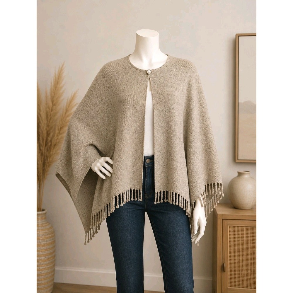 Vtg Tweed Wool Sweater Cape Womens Wrap Lagenlook Poncho Boho Fringe Oatmeal